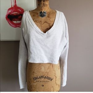 Joah Brown Pearl Grey French Terry Deep V Neck Cropped Sweatshirt Rolled Sleeve